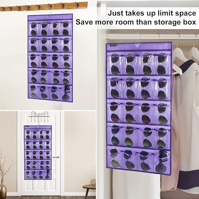 Dual Sided Hanging Sunglasses Organizer Storage Wall Mounted Eyeglasses Holder Eyewear Display Case with 40 Clear Slots (40 Pockets-Purple)