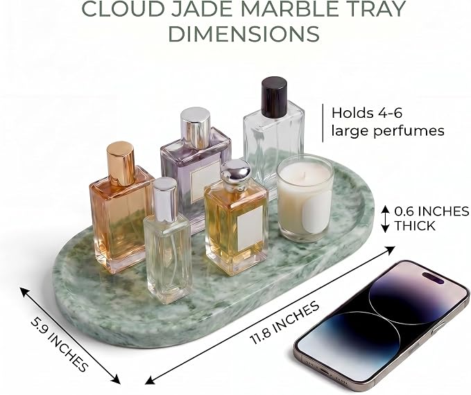 YKAJO Cloud Jade Oval Marble Tray, 11.8x5.9 Vanity Perfume Organizer Dish | Honed natural stone; jewelry & trinket dish, ring & key holder, soap & candle catchall; bath counter, dresser, coffee table