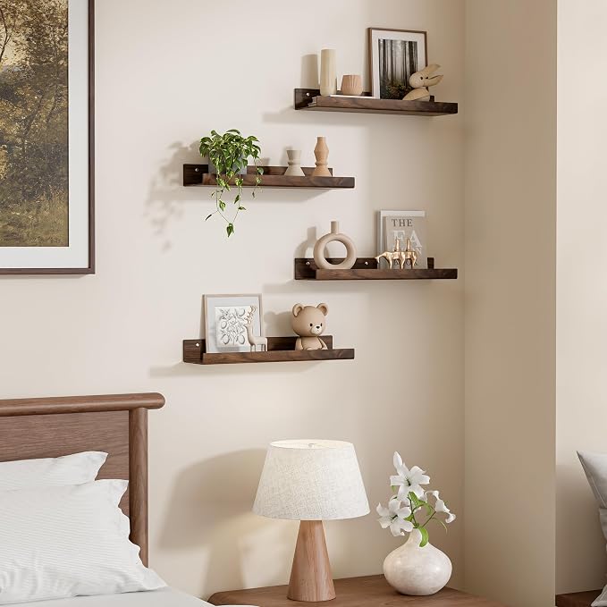 upsimples 4 Pcs 15" Acrylic Shelves for Wall Decor and Display, Walnut | Cute Floating Shelf for Perfume, Skincare, Nail Polish, Wall Organizer for Bedroom, Living Room, Playroom, Room Décor