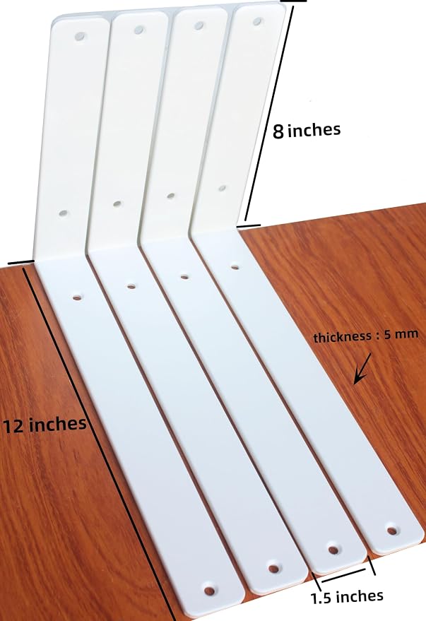 4 Pack - L 12" x H 8" x W1.5, 5mm Thick White L Shelf Bracket, Iron Shelf Brackets, Metal Shelf Brackets, Floating Shelf, Shelf Supports with Screws