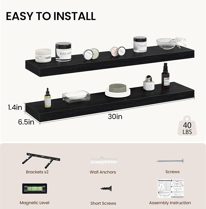 Vivelove 30 Inch Floating Shelves Wall Mounted for Display, 6.5 Deep Duty Shelves with Invisible Brackets for Living Room,Bedroom,Kitchen, Bathroom Storage & Decor,30" Wx6.5 Dx1.4 H - Black