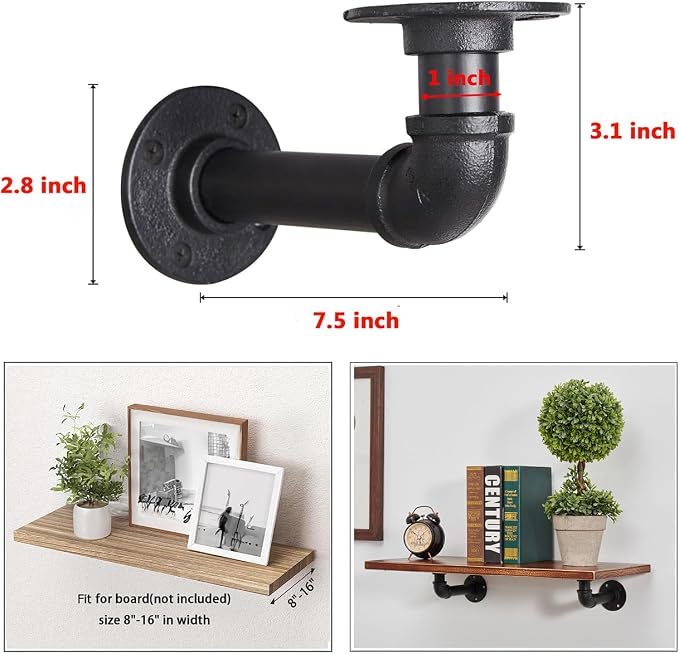 Industrial L Pipe Shelf Brackets for 8-16 in Depth Wood,Heavy-Duty 3/4" Iron,Wall Mount Floating Shelf Bracket L Metal Pipe Shelving Brackets for Wood-Black DIY Pipe Shelves(7.5*3.1 Inch 6 Pack)