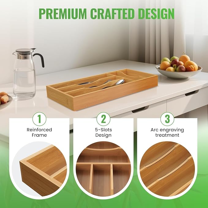 Small Silverware Organizer, Bamboo Kitchen Drawer Cutlery Organizer, Utensil Holder, Flatware Organizer Tray (6.7"x14.2"x1.6")