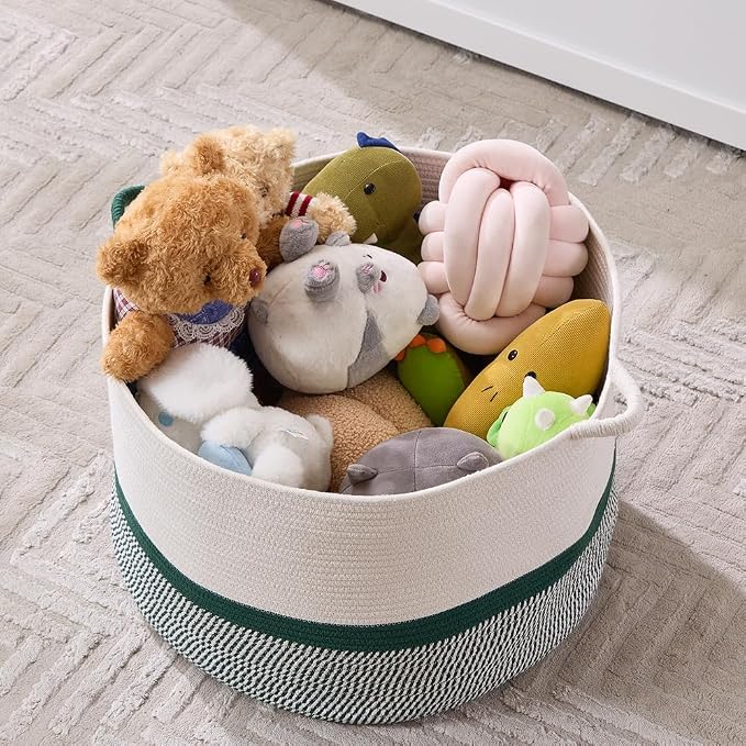 Luxury Little Extra Large Nursery Storage Basket, 20 x 20 x 13.8 inches - 100% Cotton Rope Baskets with Handles, Blanket Basket for Toys, Blankets & Pillows (Green)