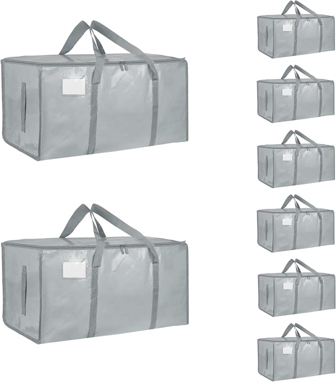 8 Pack-Extra Large Heavy Duty Moving Bags - Waterproof Storage Totes with Handles & Zippers, Foldable for College Dorm, Storage (light gray)