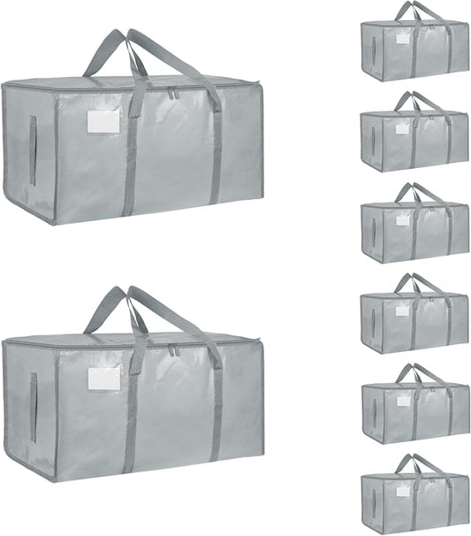 8 Pack-Extra Large Heavy Duty Moving Bags - Waterproof Storage Totes with Handles & Zippers, Foldable for College Dorm, Storage (light gray)