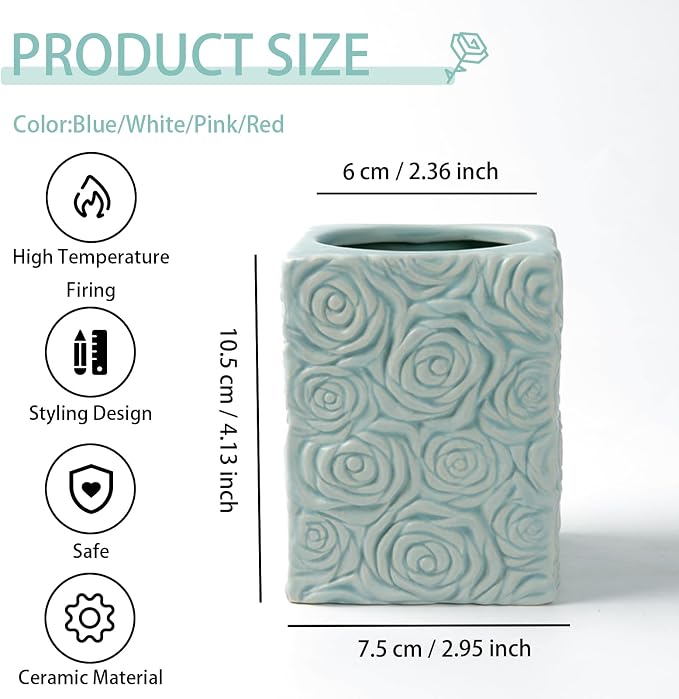 Rose Flower Pen Holder, Ceramic Sculpted Square Pencil Holder, Desk Container Office Decor, Cosmetic Brushes Organizer for Home(Blue)
