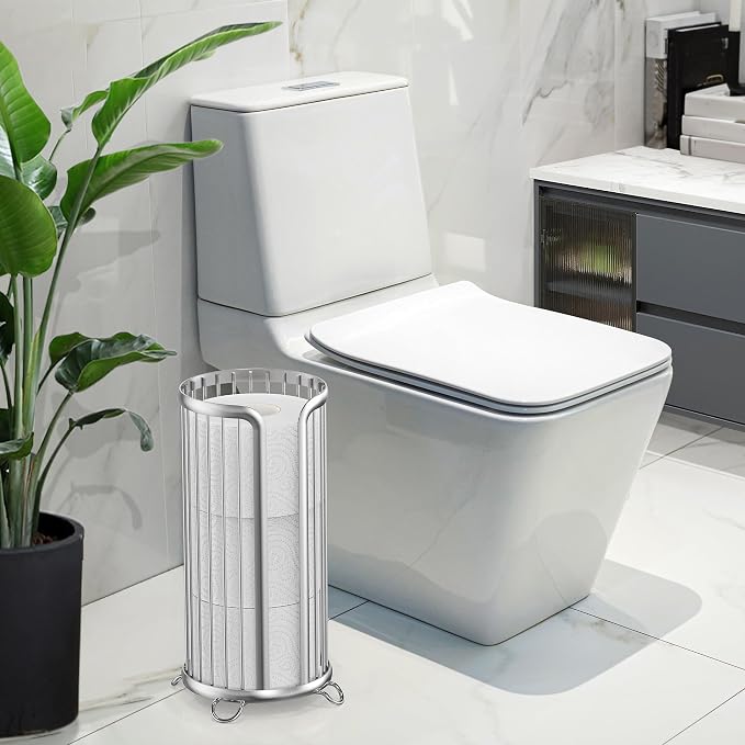 Toilet Paper Holder Stand, Freestanding Toilet Paper Storage,2 Pack,Silver | Waterproof Raised Feet,Rustproof,Fit 3 Mega Rolls,No Drilling No Assemble,Minimalistic Storage,Space-saving Renter Friendly