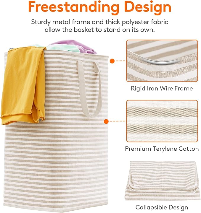 Lifewit 1 Pack Laundry Basket 80L Each, Collapsible Clothes Hamper with Reinforced Handles, Freestanding Waterproof Design for Bedroom and Laundry Room, Beige 80L Total