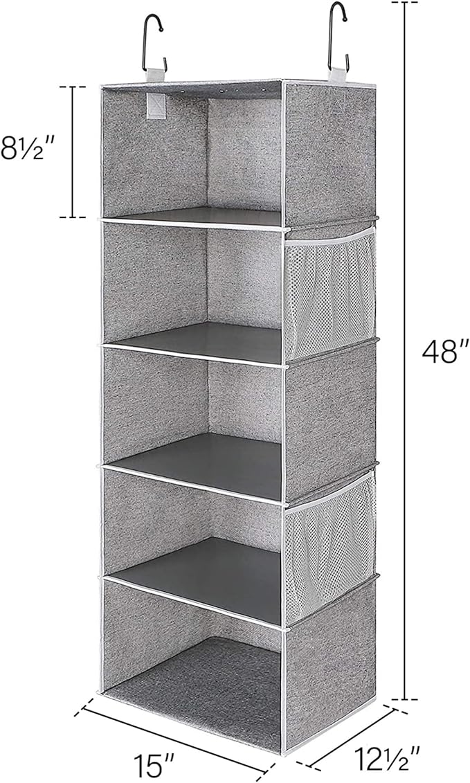 StorageWorks Hanging Closet Organizer, 5-Shelf Hanging Shelves with 2 Hooks, Foldable Space-Saving Design, Closet Organizers and Storage for Bedroom, Dorm, Locker, Gray