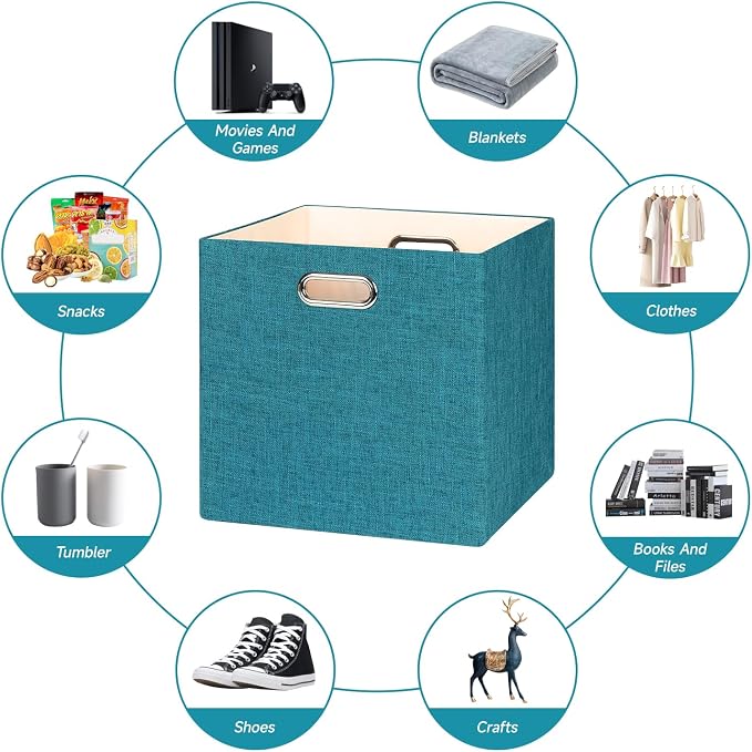 Posprica Collapsible Storage Bins,13×13 Foldable Storage Cube Boxes Fabric Drawer Fabric Storage Bins Vinyl Record Cubby Cubes with Handles for Bookcase, Closet, Shelf, Cabinet, 4 Pack