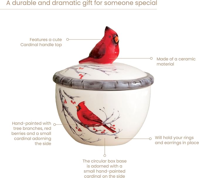 Bits and Pieces - Ceramic Cardinal Trinket Box - Cardinal Keepsake and Jewelry Box - Home Décor