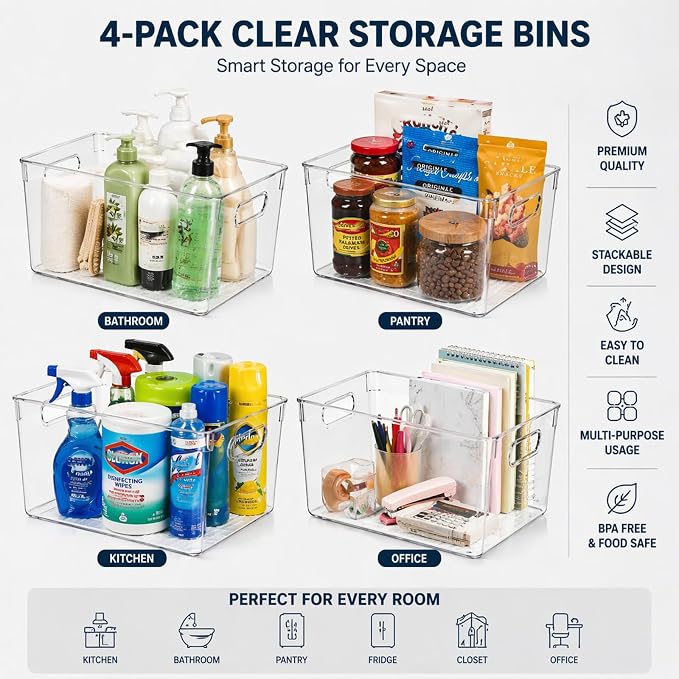 MOONEDGE Clear Plastic Storage Organizer Bins for Home Organization | Clear Bins for Organizing, Pantry Organizers and Storage, Kitchen, Fridge, Bathroom, Cabinet, Closet, Under-Sink, Laundry