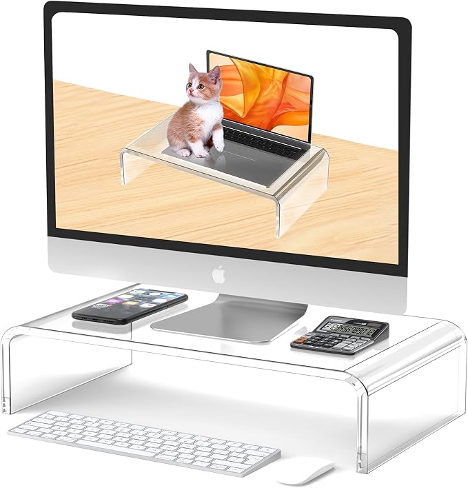 Acrylic Computer Monitor Stand Riser Clear Laptop Stand for Desk | L16''xW7.5''xH4'' PC Holder Riser Compatible with All Notebooks and Monitor Sturdy Transparent Decoration for Office and Home