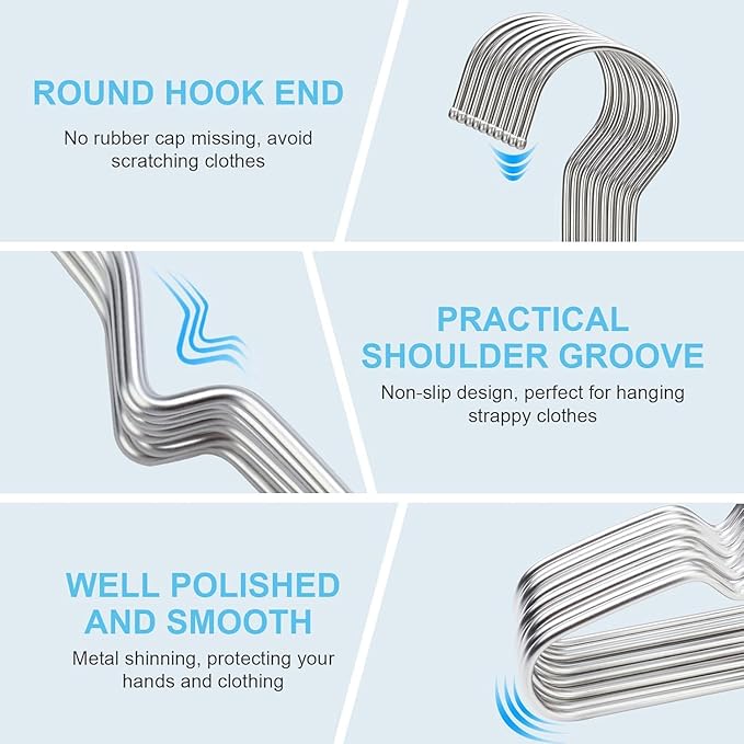 Hangers 20 Pack Coat Wire Hangers Heavy Duty Stainless Steel Clothes Hanger with Non Slip Grooves, 16.5 Inch Ultra Thin Metal Hangers Space Saving Clothing Hanger Silver