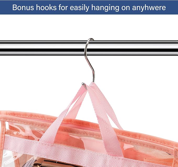 Handbag Dust Bags Clear Purse Storage Organizer for Closet Small to Extra Large Handbags Dust Free Bags Hanging Zipper Storage Bag with Hooks, (Pink, 4 Sizes-8PCS)