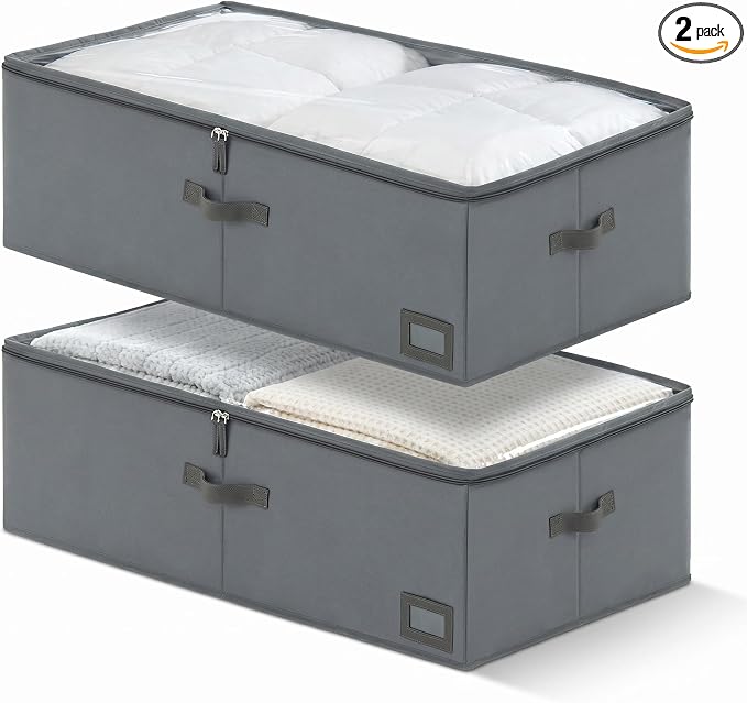 10" High Capacity Under Bed Storage Bins (2-Pack, Grey), Deep 600D Heavy Duty Oxford Fabric Storage Box for King Size Comforters, Pillows & Large Blankets