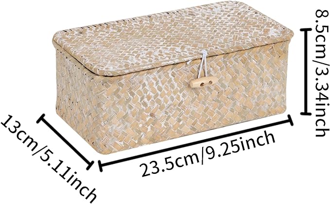 FEIALNDUO Wicker Shelf Baskets with Lid,Seagrass Storage Basket Bins Rectangular Handwoven Basket Boxes for Shelves Desktop Home Organizer (Whitewash, X-Small)