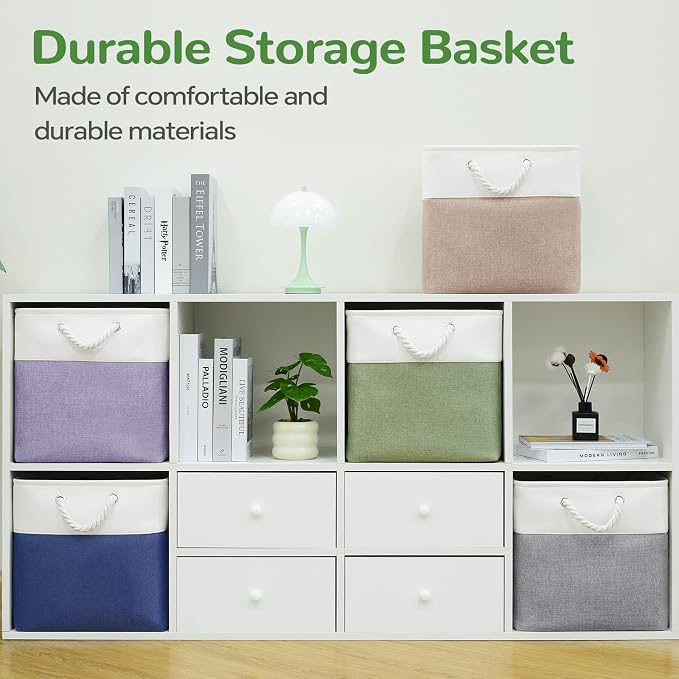 12 x 12 Inch Cube Storage Bins, 4 Pack Fabric Storage Basket with Handles, Foldable Boxes Organizer for Shelf Baskets for Home, Clothes (White/Green)
