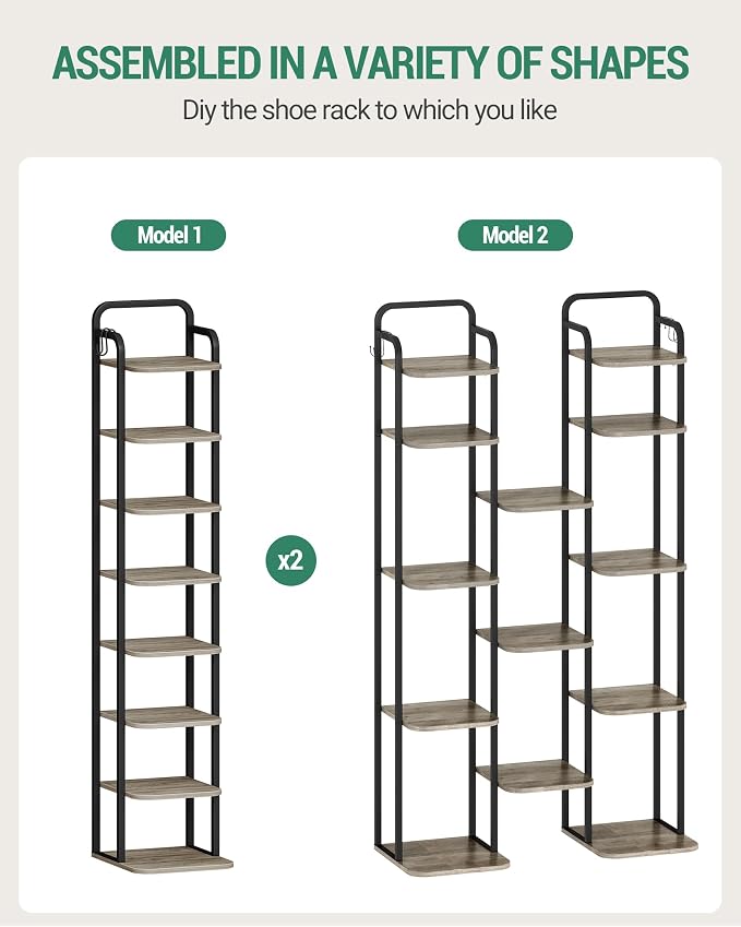 Hzuaneri 8 Tiers Vertical Shoe Rack, Narrow Shoe Tower, Tall Shoes Shelf with 2 Hooks, Adjustable Shelves, Corner Shoes Shelves for Small Spaces, Entryway, Living Room, Greige SR04305B