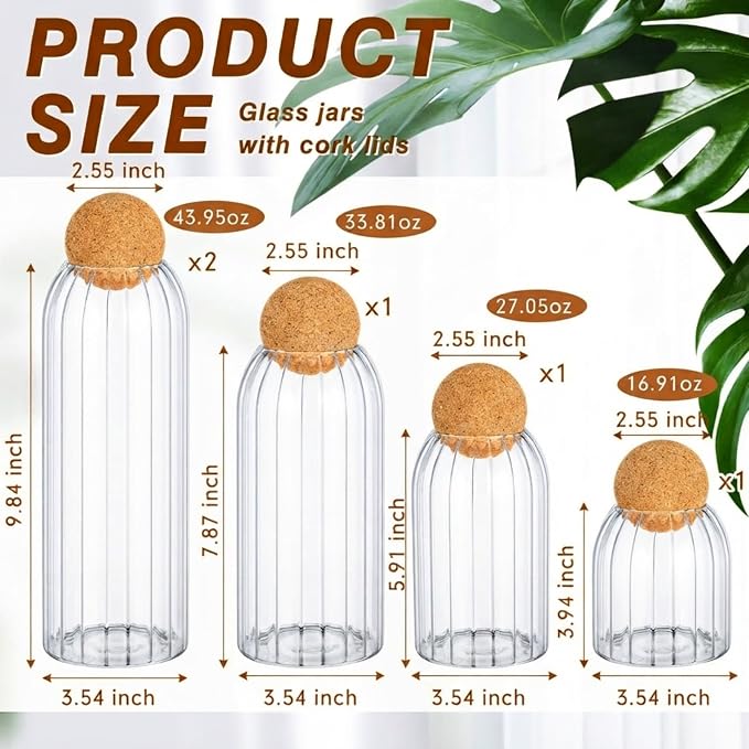 Suclain 5 Pack Glass Jar Set Food Tank with Spherical Cork Cute Ball 4 Sizes Candy Jars Clear Coffee Canister Airtight for Kitchen Bottle Holder Serving Spice Sugar Tea(Vertical Pattern Style)