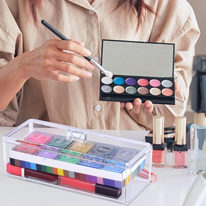 Acrylic Makeup Organizer Cosmetic Storage Display Case Makeup Brush Cotton Ball Pads Swab Q-tip Holder Lipstick Dispenser Canister Bathroom Container (9.2x3.7x3.5in, 1 Tier, Clear)