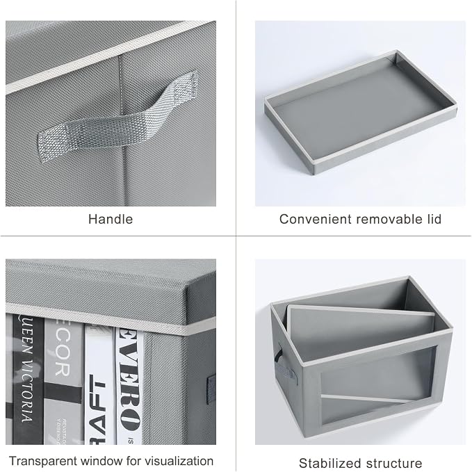 Homsorout Large Storage Baskets Bins with Lids - Stackable Cube Bins for Closet, 3 Pack Grey Windows Organizer Bins, Home Organizers and Storage for Clothes, CD, Towels