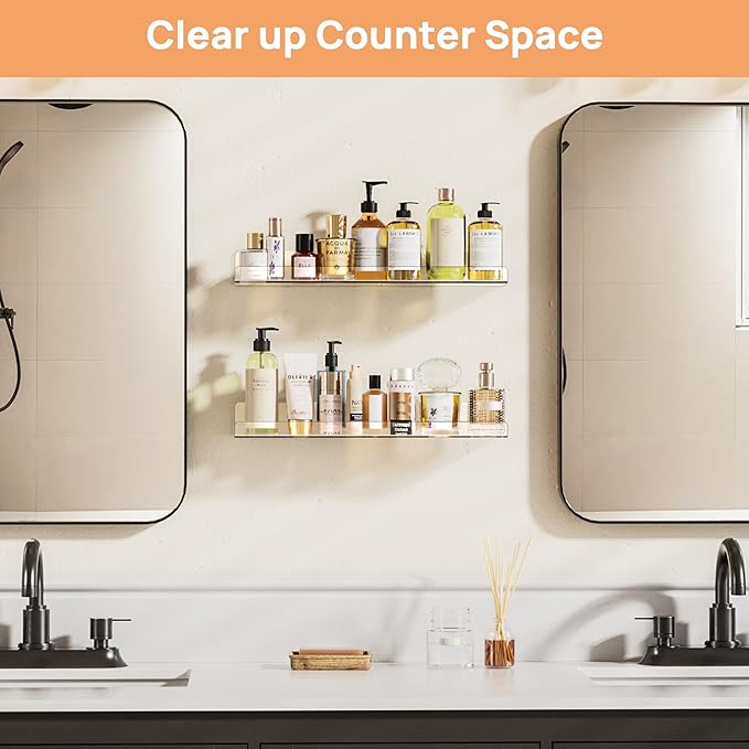 upsimples 2 Pcs 15" Acrylic Shelves for Wall Display and Storage, Clear | Transparent Design Highlights Skincare, Perfume, Easy-to-Find Versatile Floating Shelves for Bathroom, Bedroom and Playroom