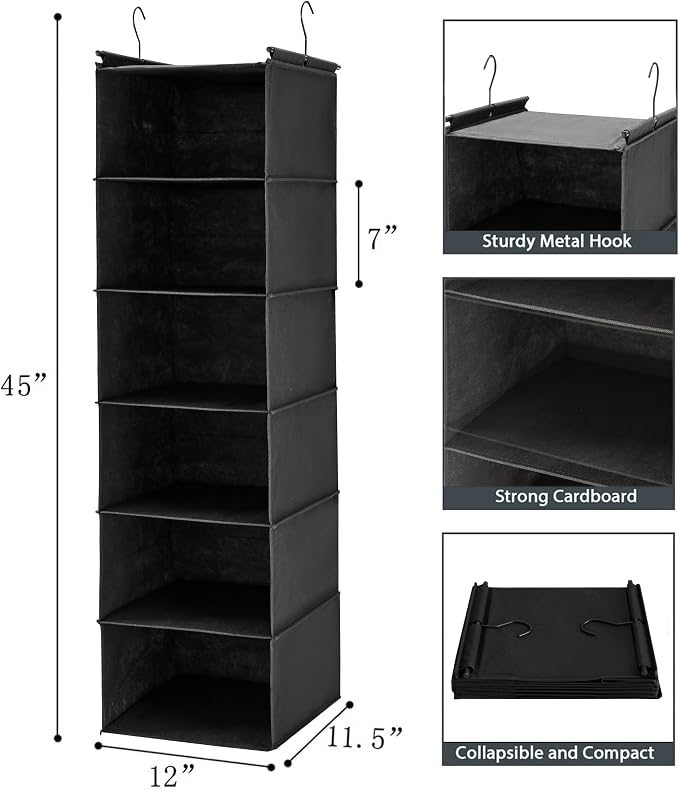 MAX Houser 6 Tier Shelf Hanging Closet Organizer, Closet Hanging Shelf with 2 Sturdy Hooks for Storage, Foldable (Black)