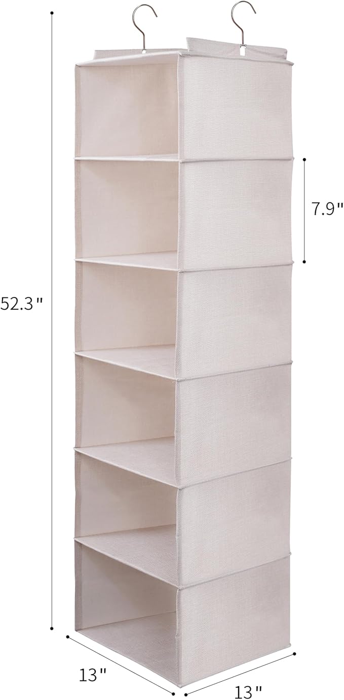 Large Hanging Sweater Organizer for Closet,Collapsible 6-Shelf Hanging Closet Shelves with Drawers, Washable (Beige -6 Shelf)