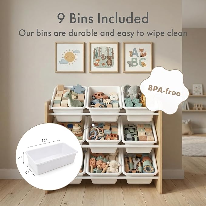Humble Crew Toy Storage Organizer with 9 Removable Storage Bins for Kids Playroom, 3-Tier Toy Organization, Natural Wood/White