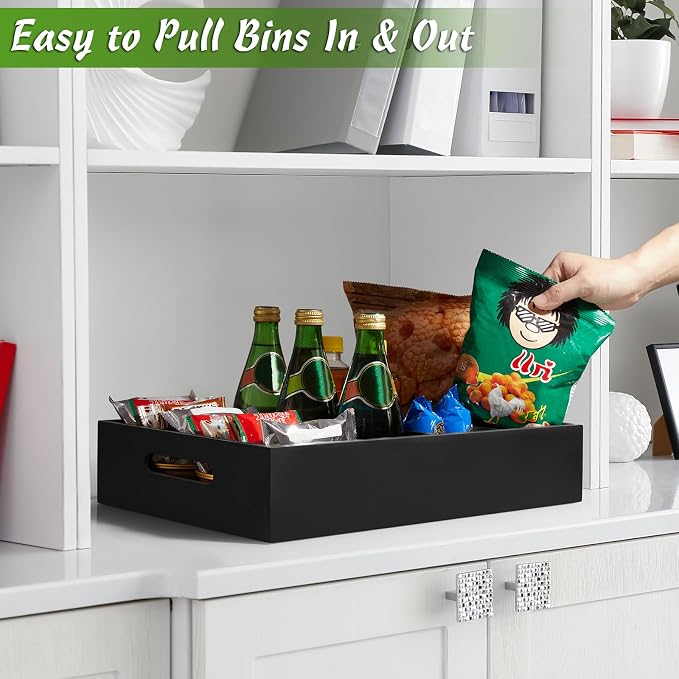 DRASTAR Pantry Organization and Storage Bins, Large Snack Organizer with Removable Dividers, Wooden Storage Caddy for Kitchen, Pantry, Cabinet, Countertop, Black