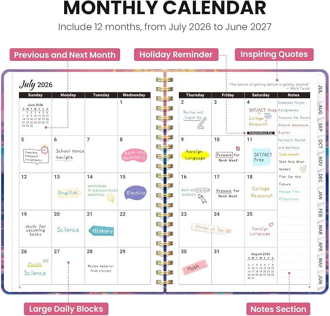 Planner 2026-2027, Hardcover Monthly and Weekly Academic Planner July 2026 - June 2027, Teacher and Student Calendar Agenda Book with Tabs, A5 (6.3" x 8.5"), Ideal for School and Office, Floral Planner, Sunwave Glow