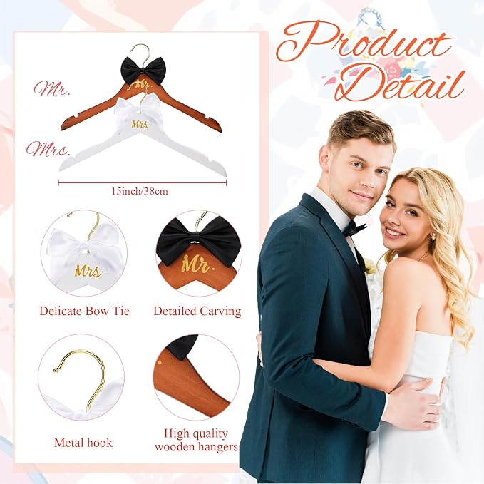 Beeveer 2 Pcs Bride Hanger for Wedding Dress Bride and Groom Wooden Wedding Dress Hanger Set with Bow Tie for Tuxedo Suit Gift Bridal Party Shower