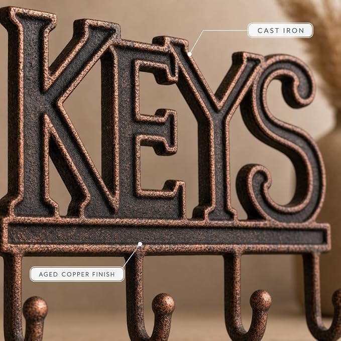 Comfify Copper-Black Cast Iron Key Holder for Wall – Keys Sign with 4 Hooks | Warm copper and black antique finish; mounting hardware included; entryway, hallway or door; 6"H x 8"L; holds 8 keychains