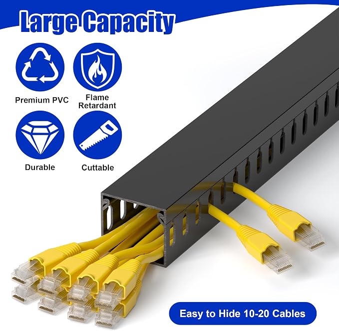 ZhiYo H1.4 W1.6in Professional Server Rack Cable Management Raceway, 66in (4X L16.5in) Cable Raceway Kit, Electrically Safe PVC Open Slot Wire Raceway for Under Desk/Computer/Network Cords, Black