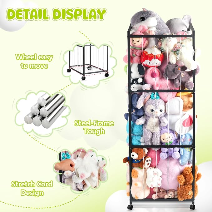 NomNest Stuffed Animal Storage Zoo, Large Metal Plushies Organizer, Heavy Duty Metal Teddy Bear Toy Holder with Wheels for Kids' Bedroom & Playroom & Nursery (Wheeled, Black)