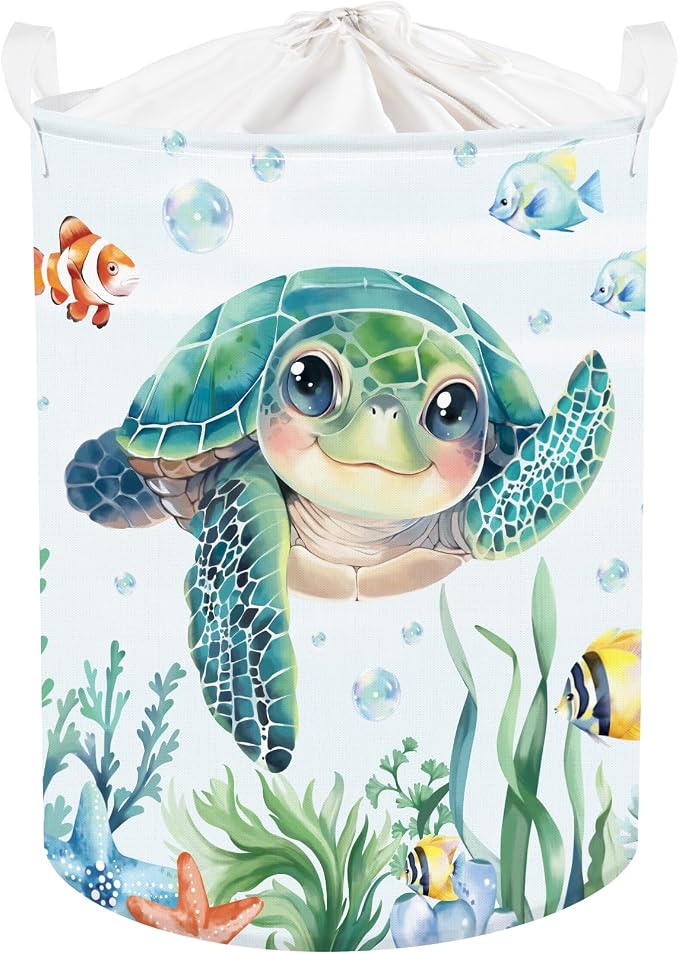 Clastyle Large Fish Sea Turtle Baby Basket Ocean Coral Seaweed Starfish Toy Book Shelf Basket Waterproof Pool Toy Beach Towel Storage Bin Collapsible Dirty Clothes Hamper, Blue, 36 * 45 cm