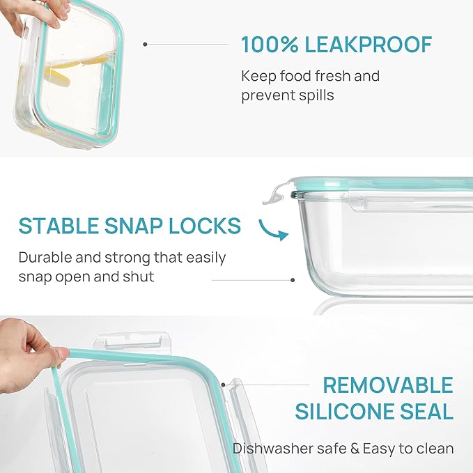 Vtopmart 2Pack 1860ml/63oz Large Glass Storage Containers With Lids, Green | Meal Prep Food Container Set with Snap Airtight Lid, For Baking, Microwave, Oven, Leak Proof, Freezer, Dishwasher, BPA Free