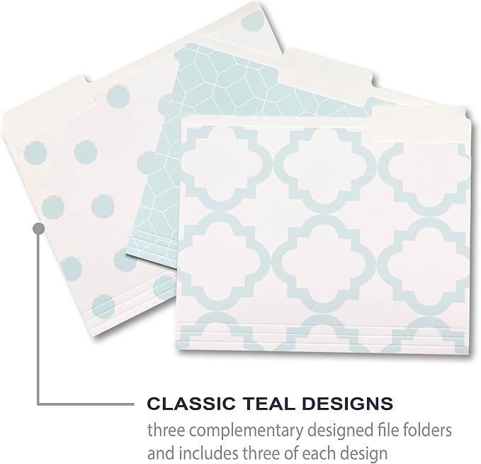 Designer File Folders by Kahootie Co, Set of 9 Decorative File Folders, 9.5” x 11.75”, Paper Organization, Office Supplies, File Folder Organizer, 3 Tab File Folders (Teal)