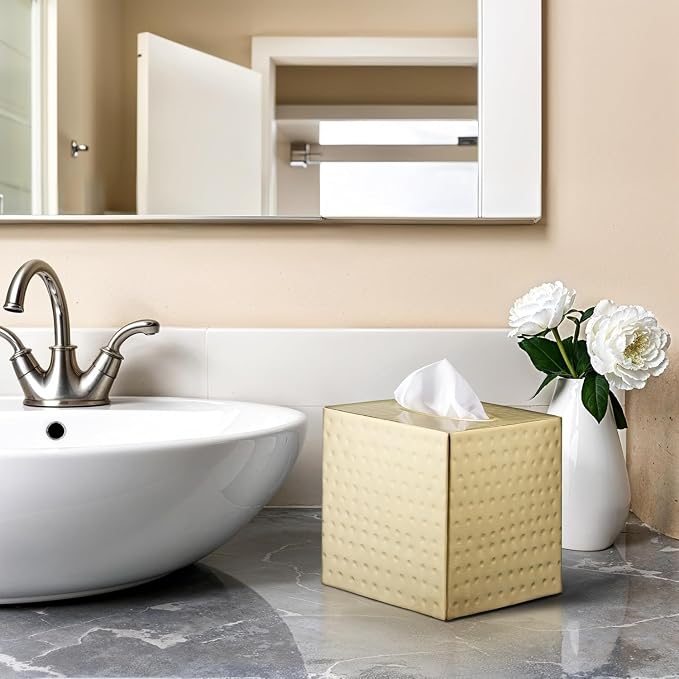 Monarch Abode Tissue Box Cover Square – Hand Hammered Brushed Gold Metal Tissue Holder Box for Bathroom Accessory, Aesthetic Decorative Facial Napkin Cube for Modern Home Decor
