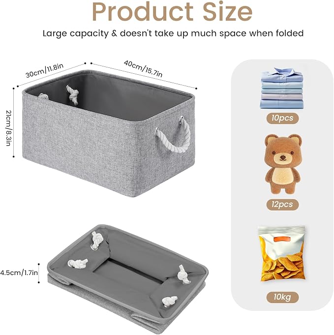 Large Storage Baskets- 15.7x11.8x8.26 inch Storage Bins for Shelves and Closet Organizing, Foldable Fabric Bin for Home Organization Clothes and Laundry (3-Pack, Gray)