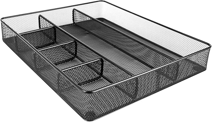Amazon Basics Mesh Desk Drawer Organizer with 6 Compartments, Non-Slip Office Supplies Storage for Pens and Accessories, Black | Pack of 4