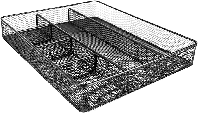 Amazon Basics Metal Mesh Desk Organizer with 6 Compartments, Anti-Slip Pen Holder Storage Tray for Office Supplies and Home, Black