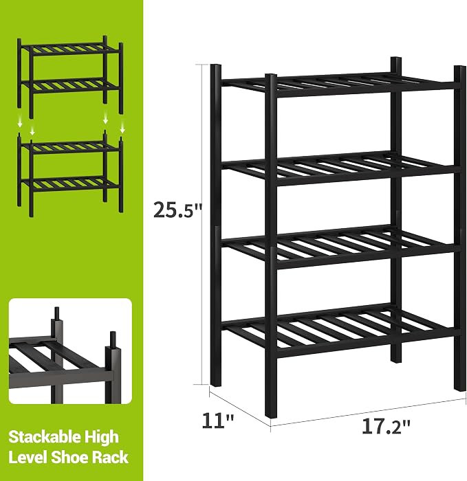 BMOSU 4-Tier Bamboo Small Shoe Rack Premium Stackable Shoe Shelf Storage Organizer for Hallway Closet Living Room Entryway Organizer (Black Bamboo)
