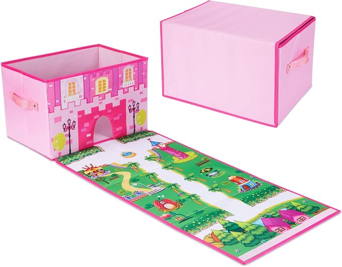 SAM AND MABEL Fabric Storage Organizer and Play Mat – Collapsible Storage Box, Foldable Playmat and Stackable Bin, Basket with Handle (Princess)