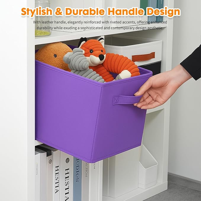 PowerKing Collapsible Storage Cubes with Handles, Fabric Foldable Bins for Closet Shelves, Durable Organization Storage Bins, 10.5'' x 11'' x 10.5'' (6Pack, Violet)