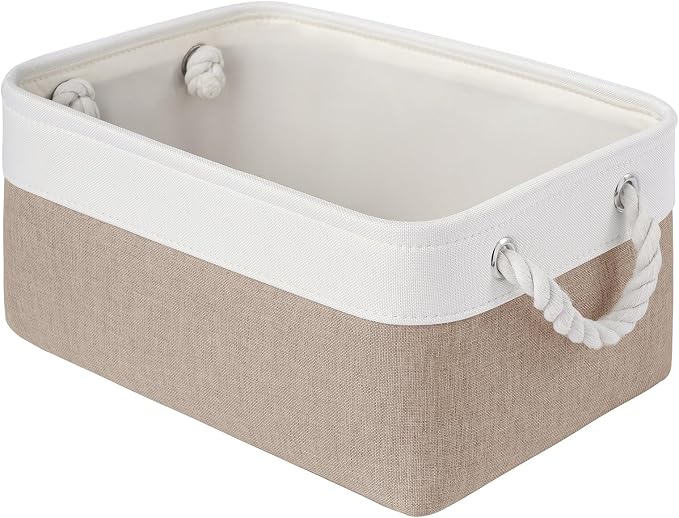 Storage Baskets for Shelves 13.8x9.8x6.7 Inch, Foldable Fabric Storage Bins with Handles, Small Storage Baskets for Organizing Closet, Office, Home Organization (1-Pack, White&Khaki)