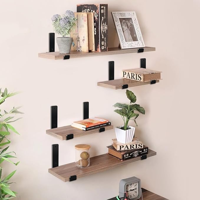 16 Pack - 7.25" L x 4" H x 1.5" W J Lip Shelf Brackets Rustic Farmhouse Iron Wall Floating Shelf Bracket Metal Shelf Bracket Industrial Shelf Supports with Screws Black