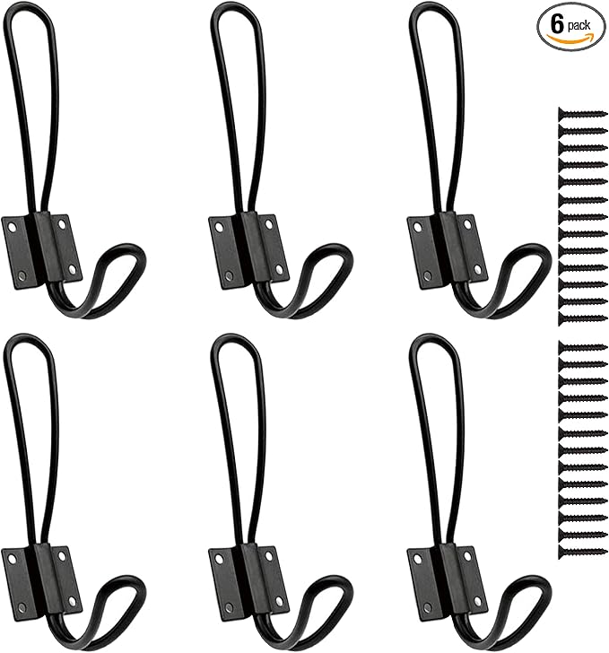 Hajoyful Rustic Entryway Hooks-6 Pack Farmhouse Hooks with Metal Screws Included, Black Decorative Wall Mounted Rustic Coat Hooks Rack, Double Vintage Organizer Hanging Wire Hook Clothes Hanger